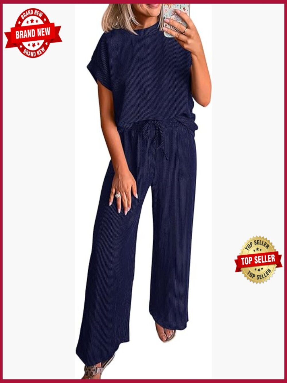 2 Piece Lounge Set Ribbed Knit Short Sleeve Top Wide Leg Pants